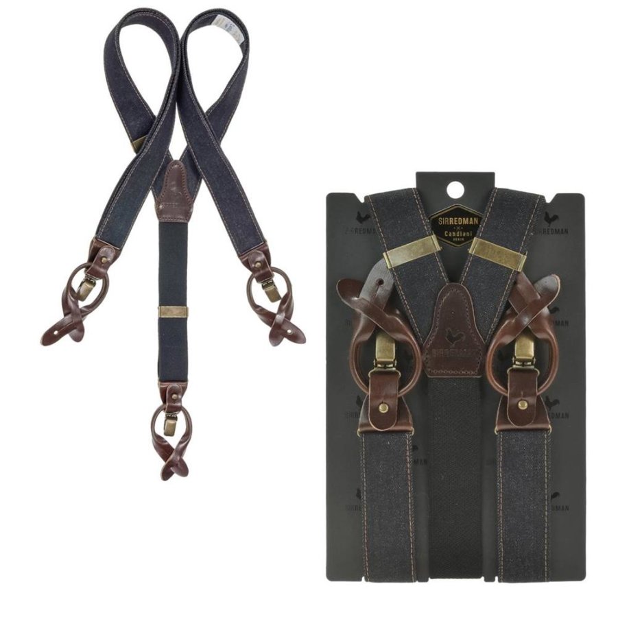 Sir Redman Hosenträger Herren Vintage Style für Männer 'Candiani' Denim mit Lederschlaufen für Knöpfe und Clips, Y-Form, Sturdy Stitch dark dunkelblau