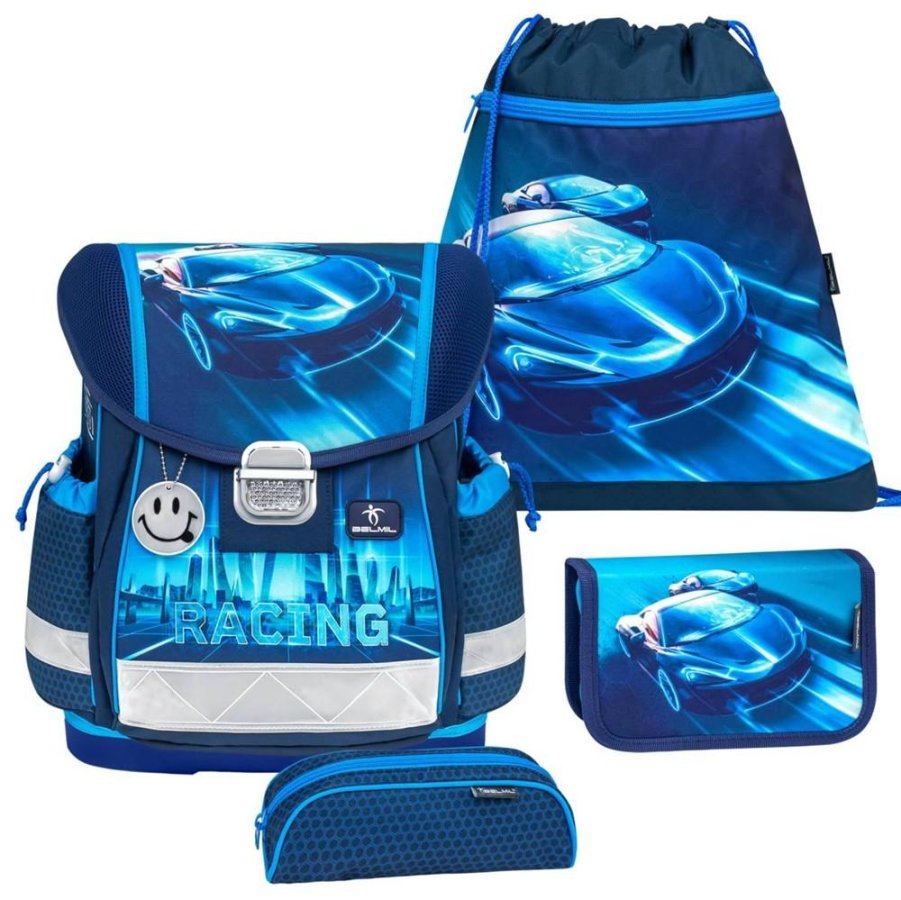 Belmil Schulranzen Set Jungen Racing Neon Blue (Motiv: Rennwagen ) 'Classy', ab 1.Klasse Grundschule