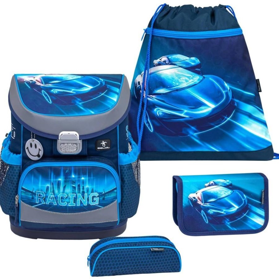 Belmil Schulranzen Set Jungen Racing Blue Neon (Motiv: Rennwagen) 'Mini Fit' für kleinere Kinder, ab 1.Klasse Grundschule