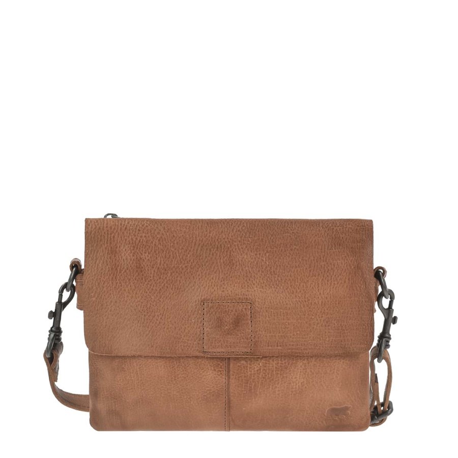 Bear Design Umhängetasche Damen Leder mit 2 Fächern 'Billy' 25x17cm, kleine Schulttertasche, Damentasche sportlich, cognac-braun