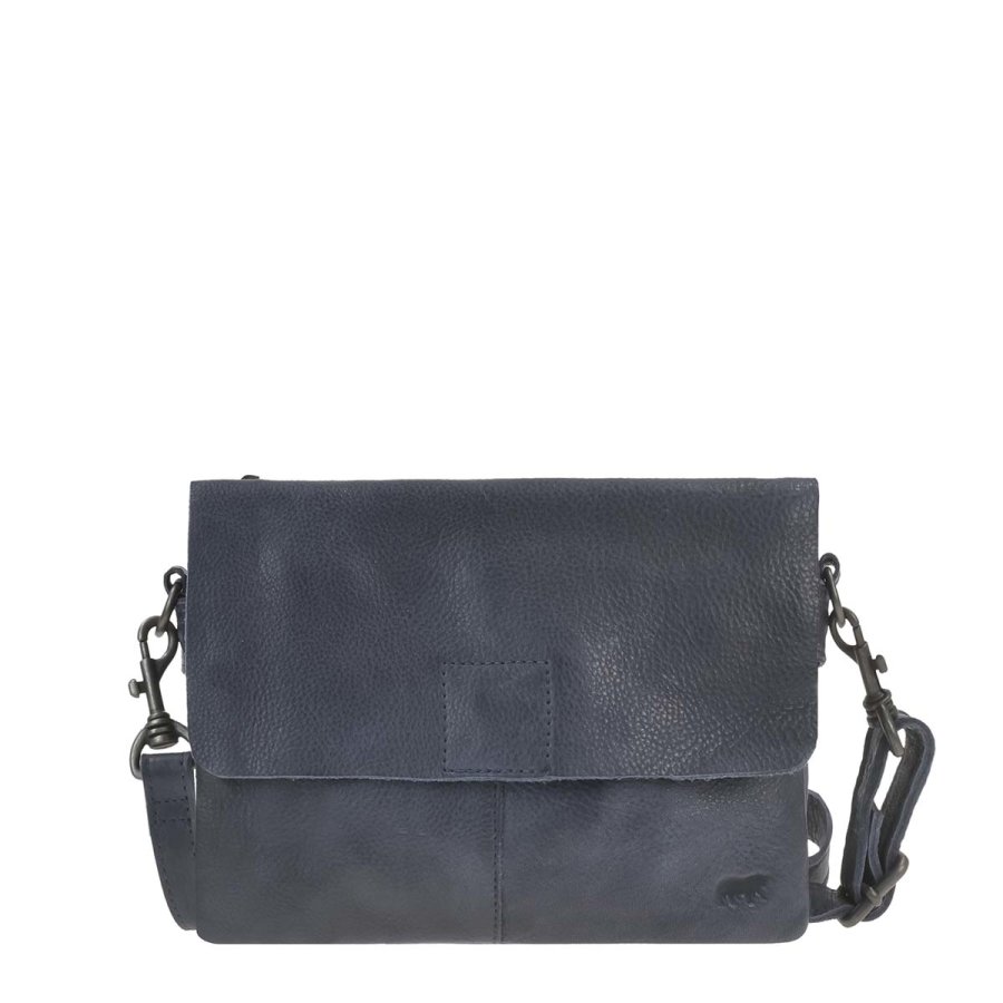 Bear Design Umhängetasche Damen Leder mit 2 Fächern 'Billy' 25x17cm, kleine Schulttertasche, Damentasche sportlich, blau