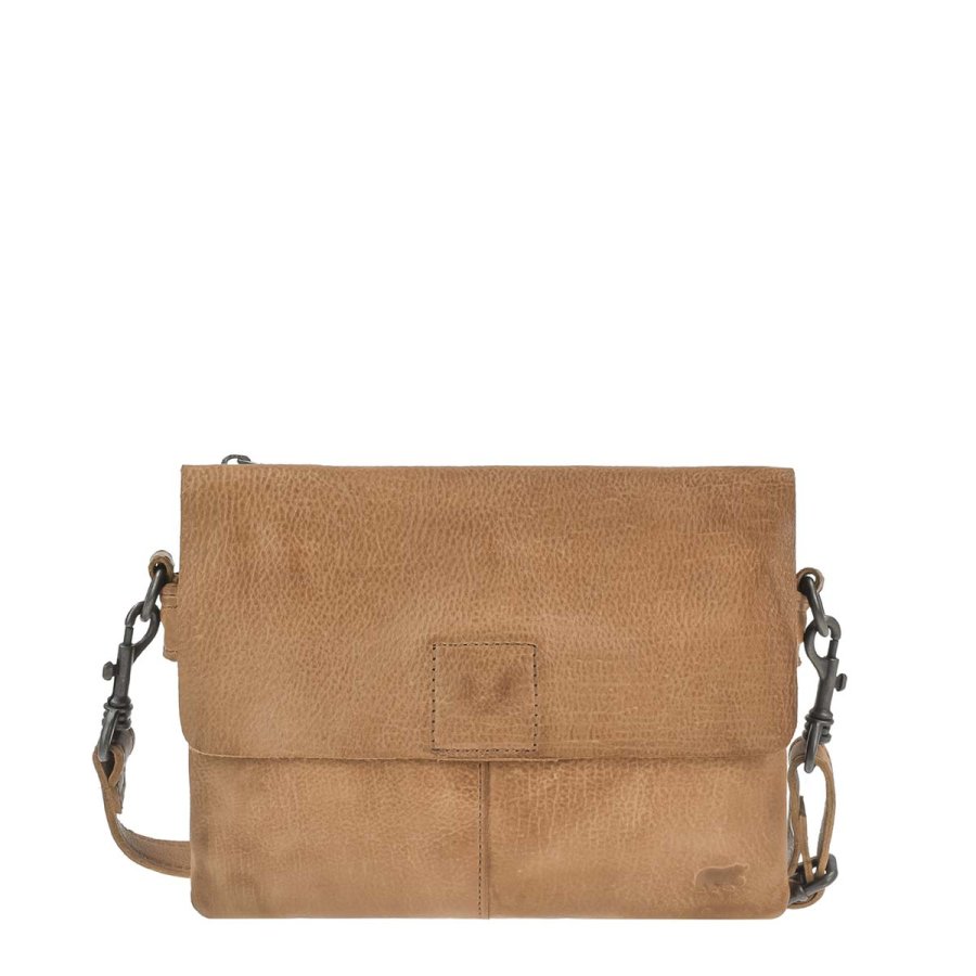 Bear Design Umhängetasche Damen Leder mit 2 Fächern 'Billy' 25x17cm, kleine Schulttertasche, Damentasche sportlich, taupe