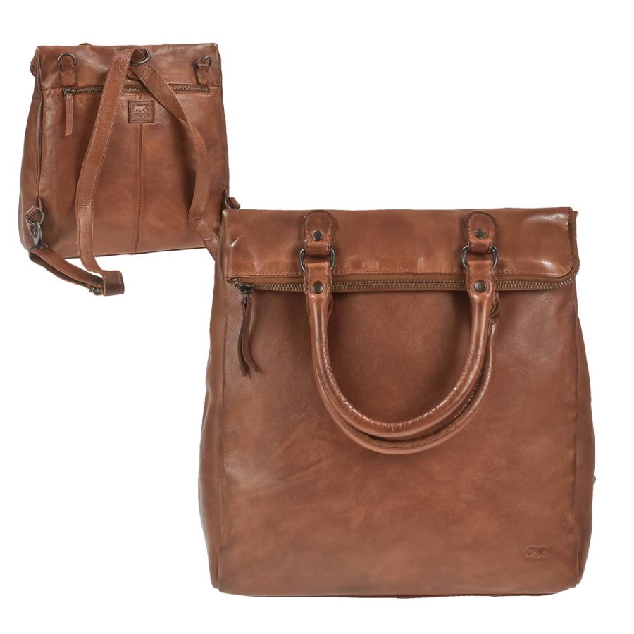 Bear Design Rucksack Damen Leder 3in1 Handtasche Schultertasche 'Evi', Schopper, mittelgroßes Format, knautschig weich, Tragegriffe, cognac