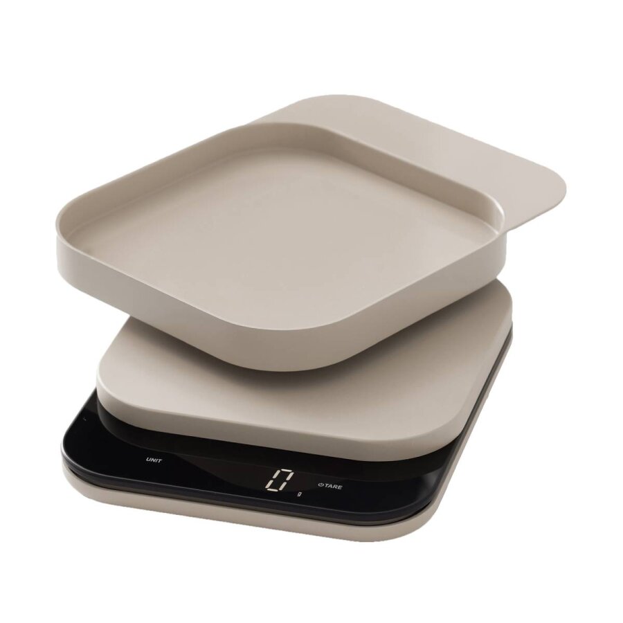 Küchenwaage mit digitaler LED-Anzeige aus Kunststoff in humus | Rosti. Präzise digitale Waage mit Wiegeschale für das Backen und Kochen zu Hause.