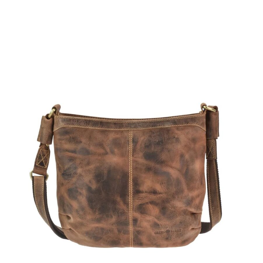 Schultertasche mit Reißverschluss aus Leder in antikbraun | Greenburry. Geräumige Damen-Umhängetasche Vintage mit einer integrierten Handytasche.