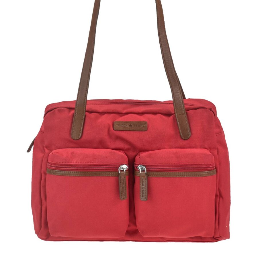 Shopper mit zwei Vortaschen aus Nylon in rot Serie Emily | Greenburry. Geräumige Handtasche für Damen optimal für Alltag und Ausflüge geeignet.