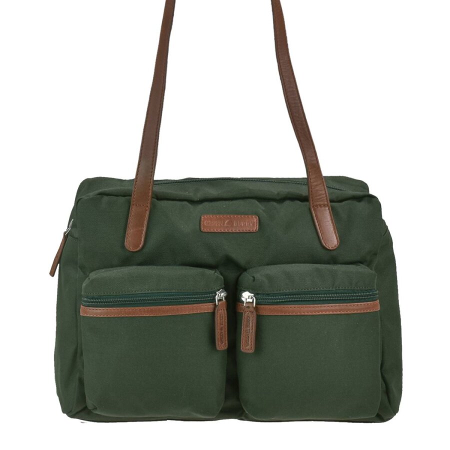 Shopper mit zwei Vortaschen aus Nylon in grün Serie Emily | Greenburry. Geräumige Handtasche für Damen optimal für den täglichen Einkauf im Alltag.