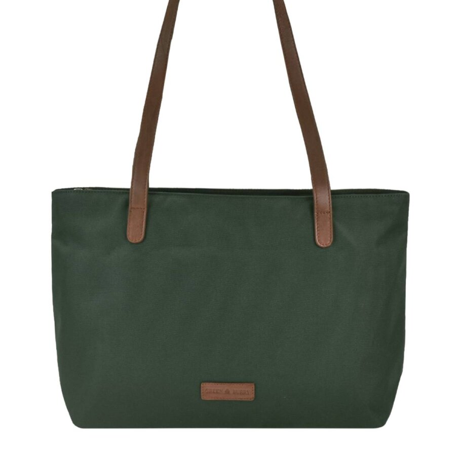 Shopper mit langen Tragegriffen aus Nylon in grün Serie Diana | Greenburry. Geräumige Handtasche für Damen ideal für den täglichen Bedarf unterwegs.