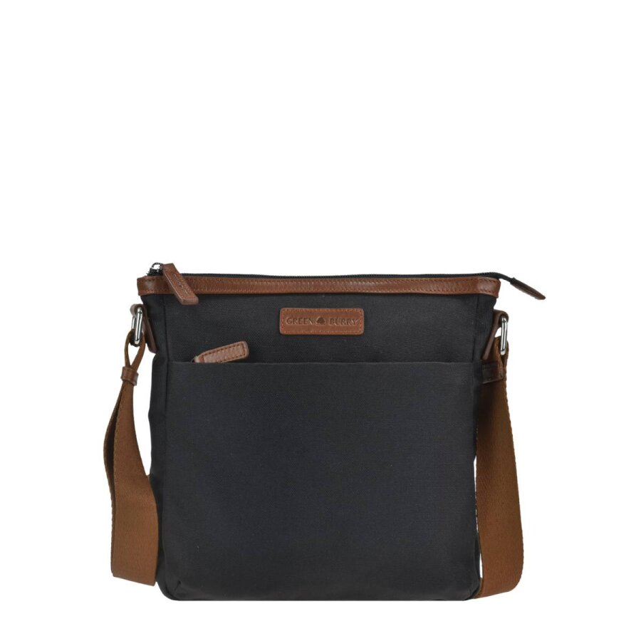 Umhängetasche Nylon schwarz 24x26cm | Greenburry Iris Crossover Bag aus Textil. Leichte Schultertasche mit Reißverschlussvorfach für Damen.
