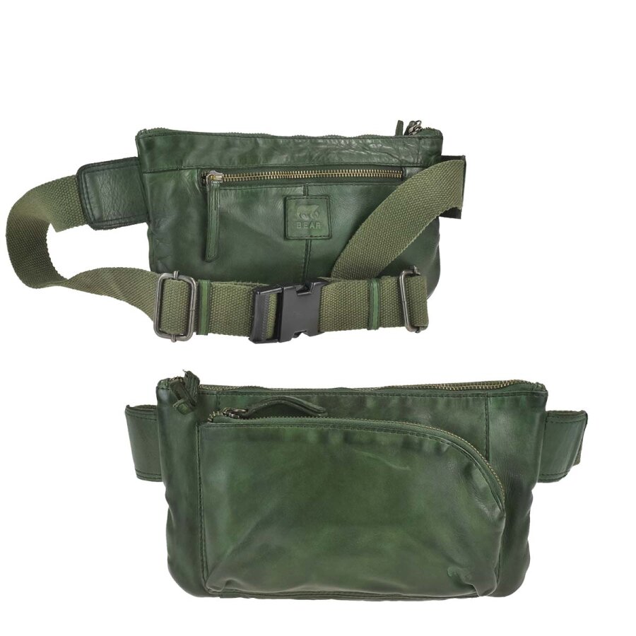 Bear Design Bauchtasche Damen viele Fächer 27x15cm Leder grün. Ein moderner und sicherer Organizer für Ihre Wertsachen bei Reisen und in der Freizeit.