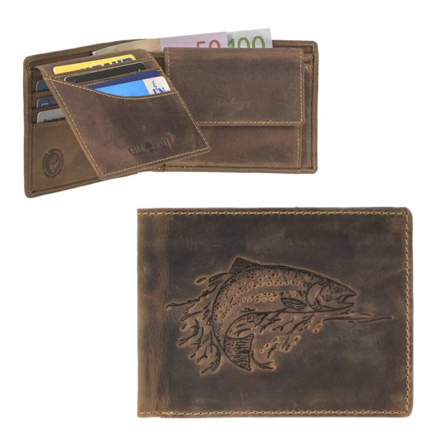 Herren-Geldbörse mit Fisch-Prägung aus Leder in antikbraun im Querformat | Greenburry. Optimale Aufteilung für Ihren perfekt organisierten Alltag.