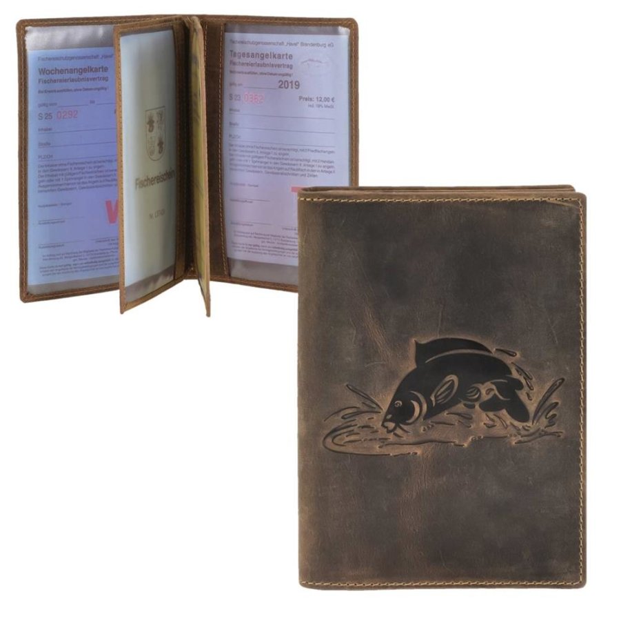 Ausweisetui Leder 12x16cm 3teilig mit Fisch-Prägung 'Vintage' antikbraun Karpfen