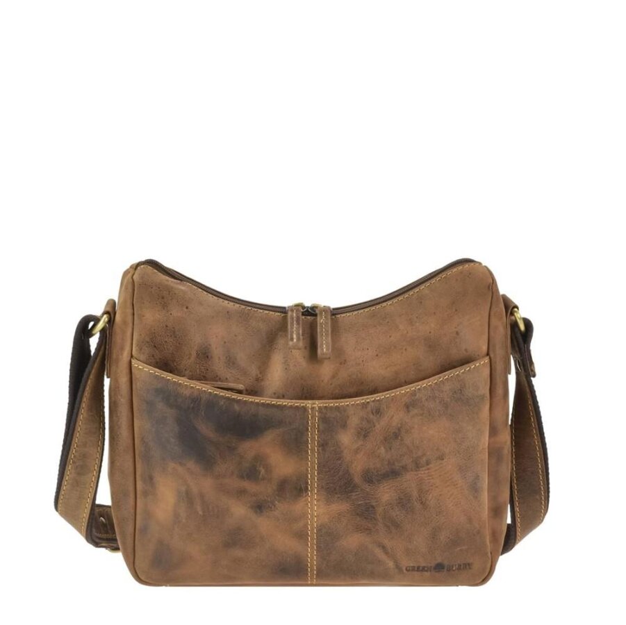 Hobo Bag mit praktischem Vorfach aus Leder in antikbraun Umhängetasche | Greenburry. Elegante Damen-Schultertasche mit verstellbarem Tragegurt.