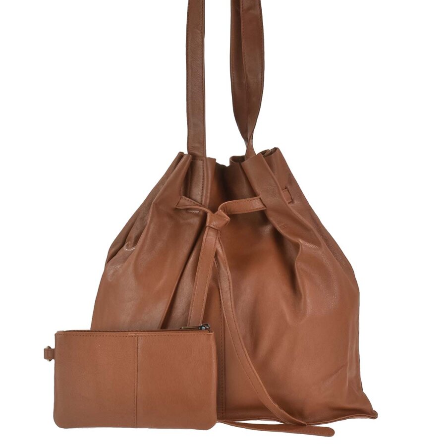 Beuteltasche Leder caramel inkl. Bag-in-Bag | Greenburry Eva Nappaleder Schultertasche. Weiche Damentasche mit langen Griffen für Büro und Shopping.