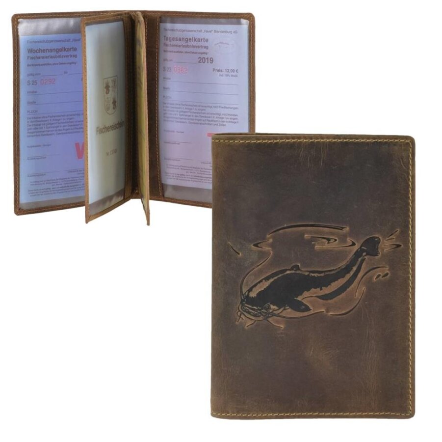 Ausweisetui Leder 12x16cm 3teilig mit Fisch-Prägung 'Vintage' antikbraun Wels