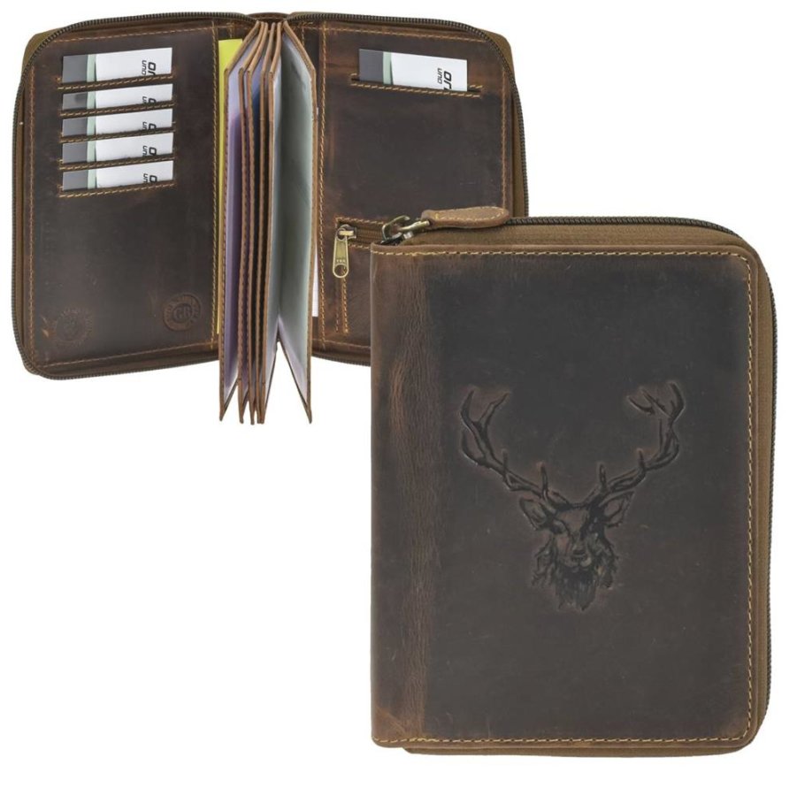 Greenburry Ausweisetui Leder 13x17cm mit Reißverschluss 'Vintage' Royal Stag Hirsch antikbraun