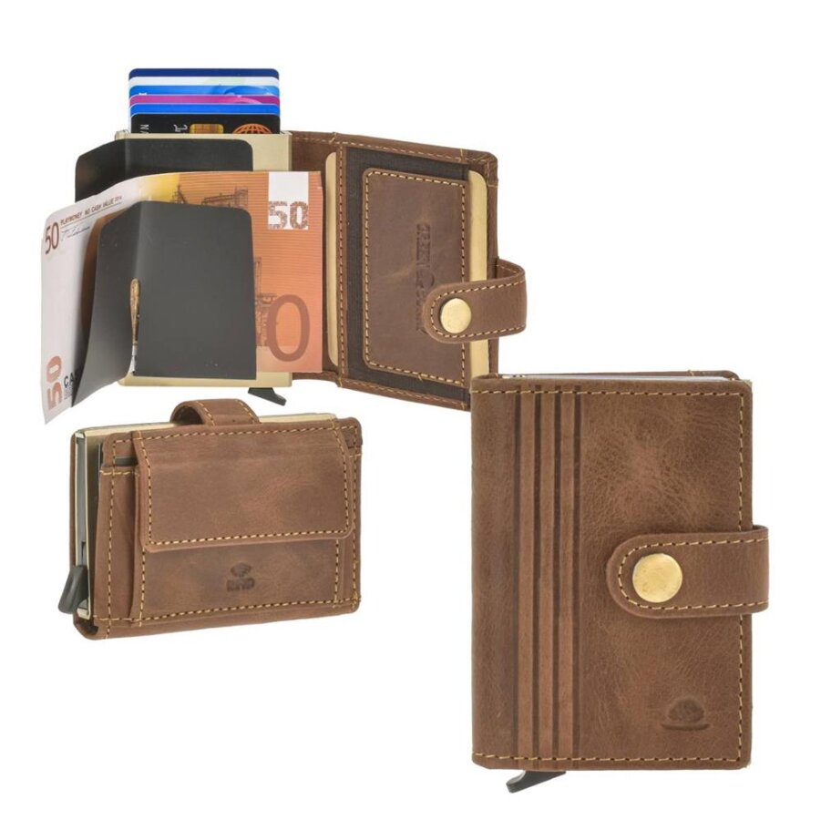 Kartenetui mit RFID-Schutz aus Leder cognac | Greenburry Vintage | Sportives Mini-Portemonnaie mit Alucase und Längsstreifen-Prägung.