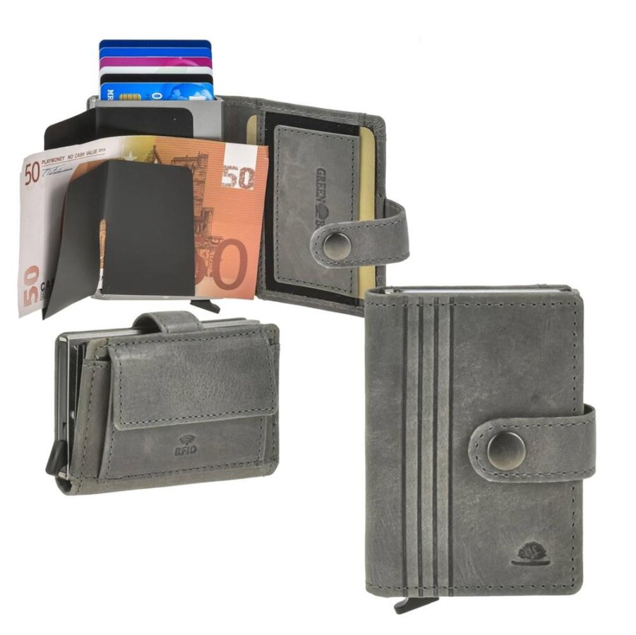 Kartenetui mit RFID-Schutz aus Leder grau | Greenburry Vintage | Modernes Mini-Portemonnaie mit sportiven Prägungen und sicherem Alucase.