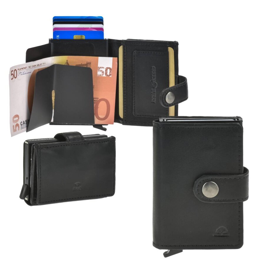 Kartenetui mit RFID-Schutz aus Leder schwarz | Greenburry Vintage | Nostalgischer Look mit Wiener Schachtel und modernem Alucase für perfekten Schutz.