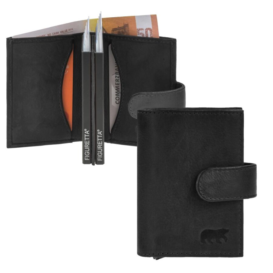 Kartenbörse 12 Karten RFID Leder schwarz 8x10cm | Bear Design Eric. Schlankes Portemonnaie mit 2 Alu-Cases für eine übersichtliche Kartenordnung.
