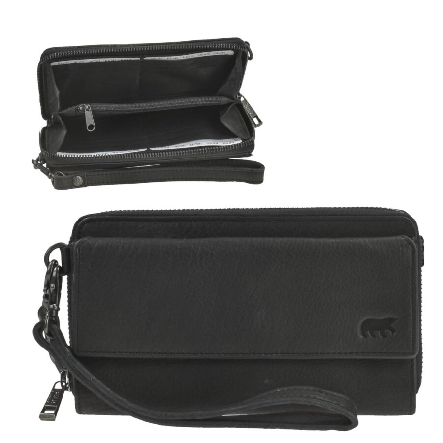 Handy-Geldbörse 12 Kartenfächer Leder schwarz 20x10,5cm | Bear Design Lilian. Sicherer Organizer mit abnehmbarem Gurt und praktischer Aufteilung.