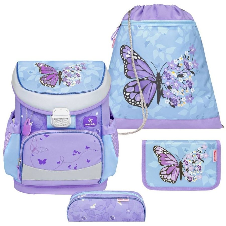 Belmil Schulranzen Set Mädchen Purple Blue Butterfy (Motiv: Schmetterling) 'Mini Fit' für kleinere Kinder, ab 1.Klasse Grundschule