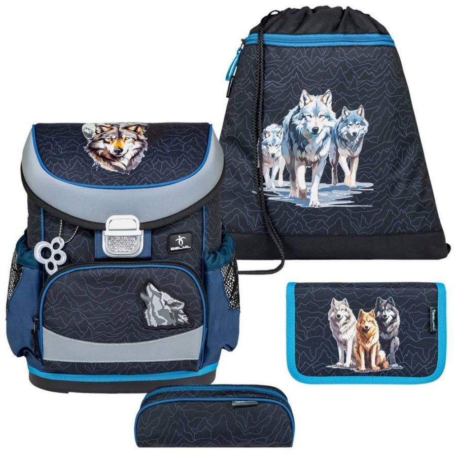 Belmil Schulranzen Set Jungen Wolves Pack (Motiv: Wolf) 'Mini Fit' für kleinere Kinder, ab 1.Klasse Grundschule
