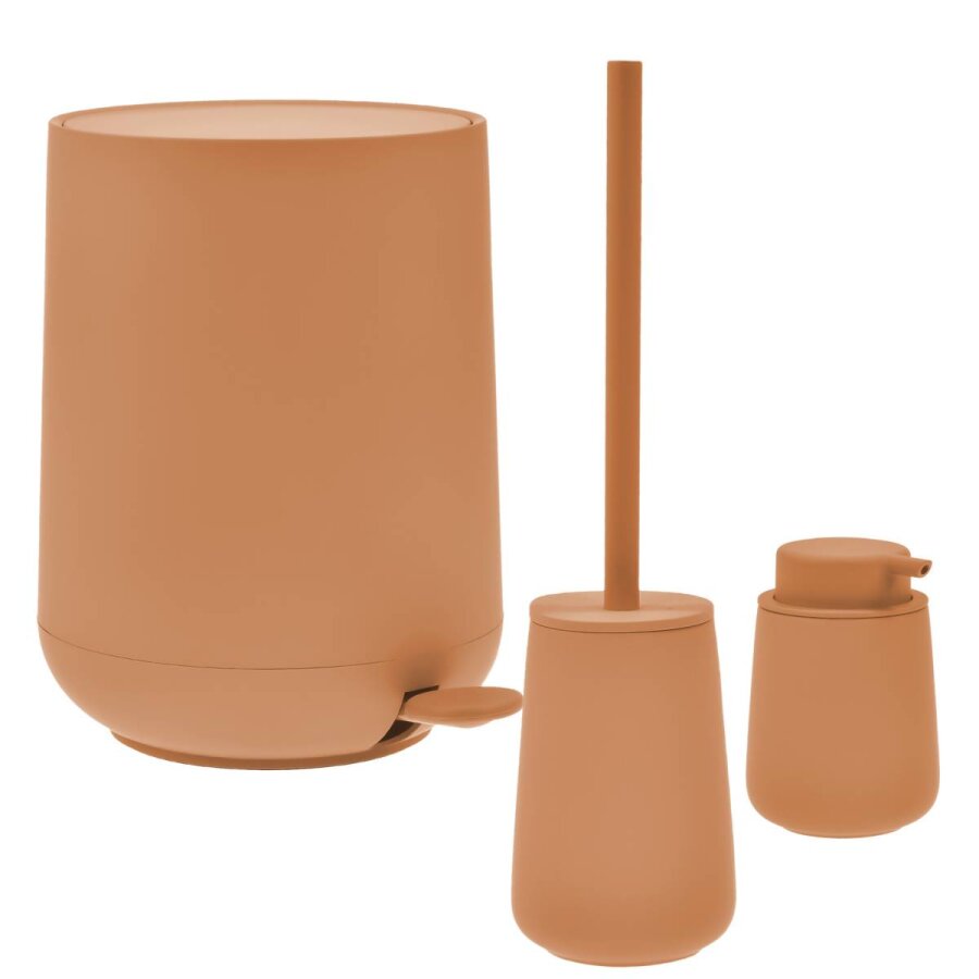 Bad-Accessoires Nova One Set 3tlg mandarine | Zone Denmark Monochrome Design-Kombi aus Soft-Touch Kosmetikeimer, Toilettenbürste & Seifenspender fürs