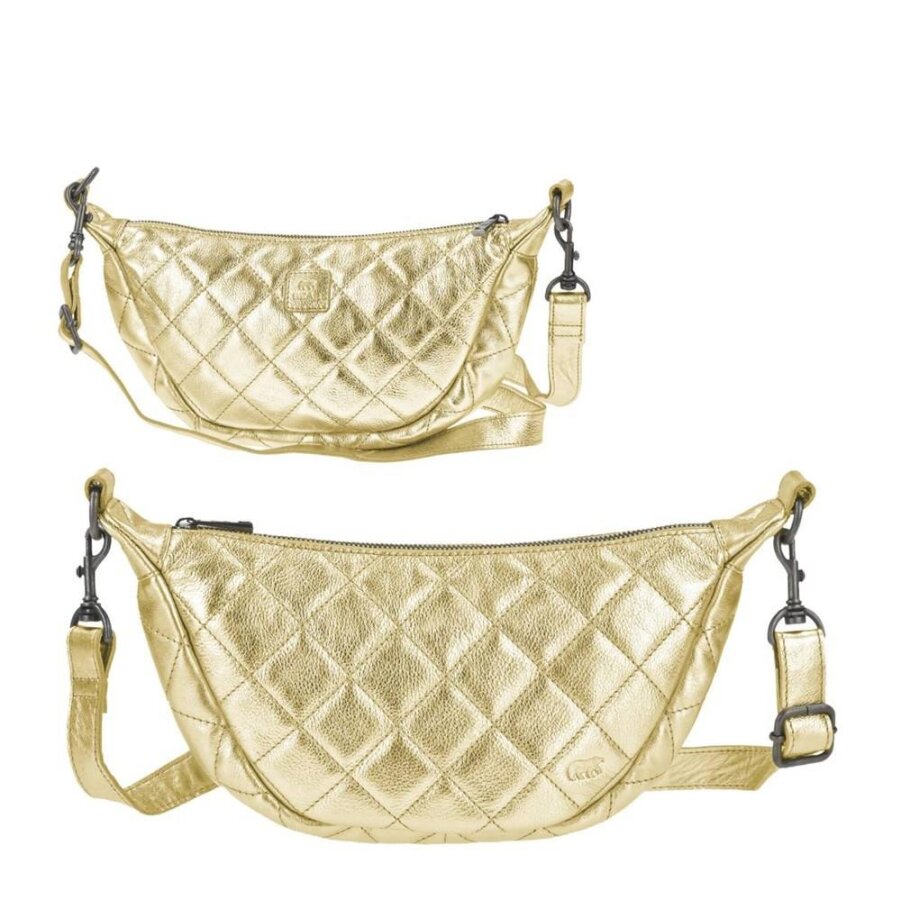 Bear Design Crossbody Bag Tasche 'Laura' Damen Leder groß 33x17cm, Umhängetasche, Crossover, Bodybag, 150cm Gurt, metallic champagner gold