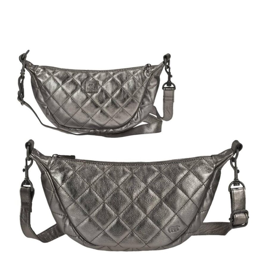 Bear Design Crossbody Bag Tasche 'Laura' Damen Leder groß 33x17cm, Umhängetasche, Crossover, Bodybag, 150cm Gurt, metallic anthrazit gun metal