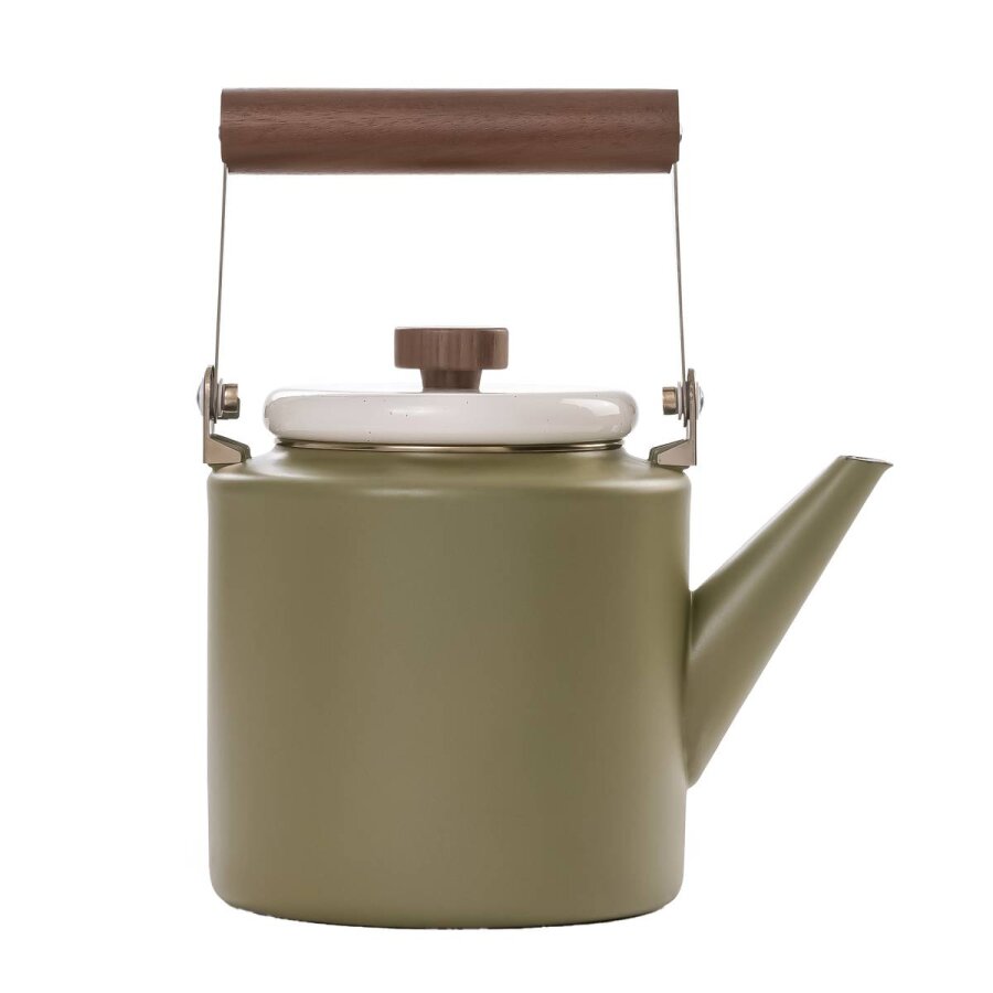 Emaille Kanne vielseitig & robust Metall olive 1,6L | Barebones Wasserkessel Retro Design für Camping Outdoor und Garten kochen Tee Kaffee mobil.