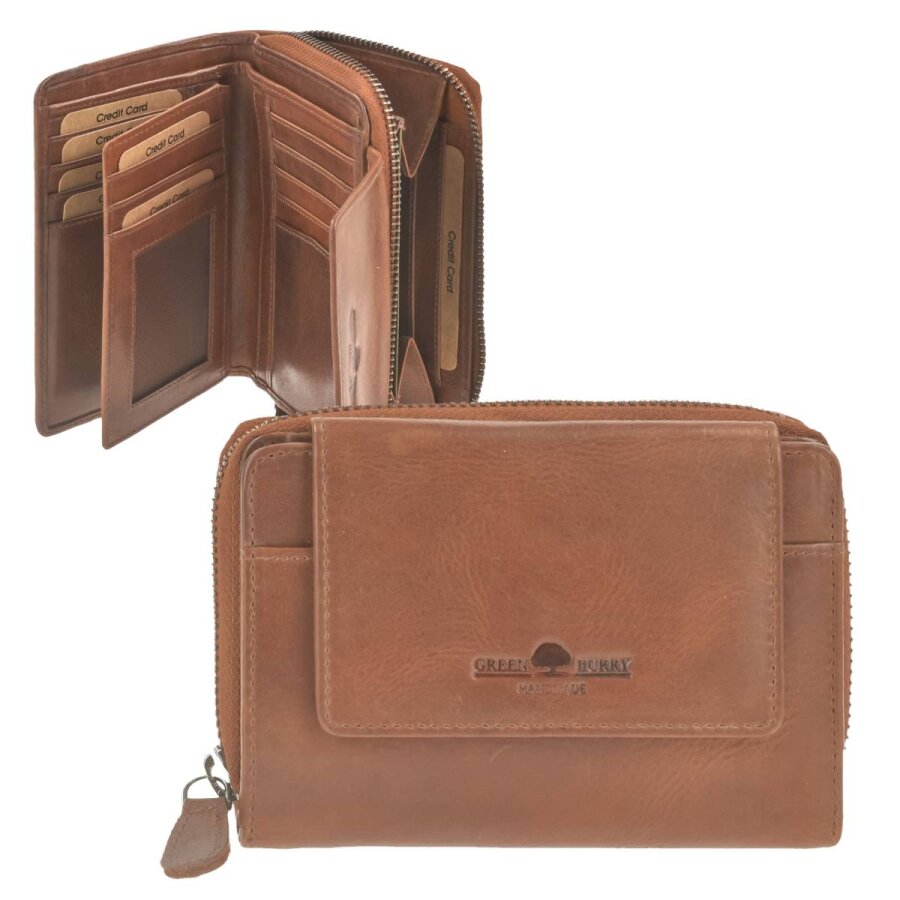 Damen Geldbörse mit RFID-Schutz aus Leder caramel | Greenburry | 15 Kartenfächer und sicherer Überschlag für perfekte Organisation.