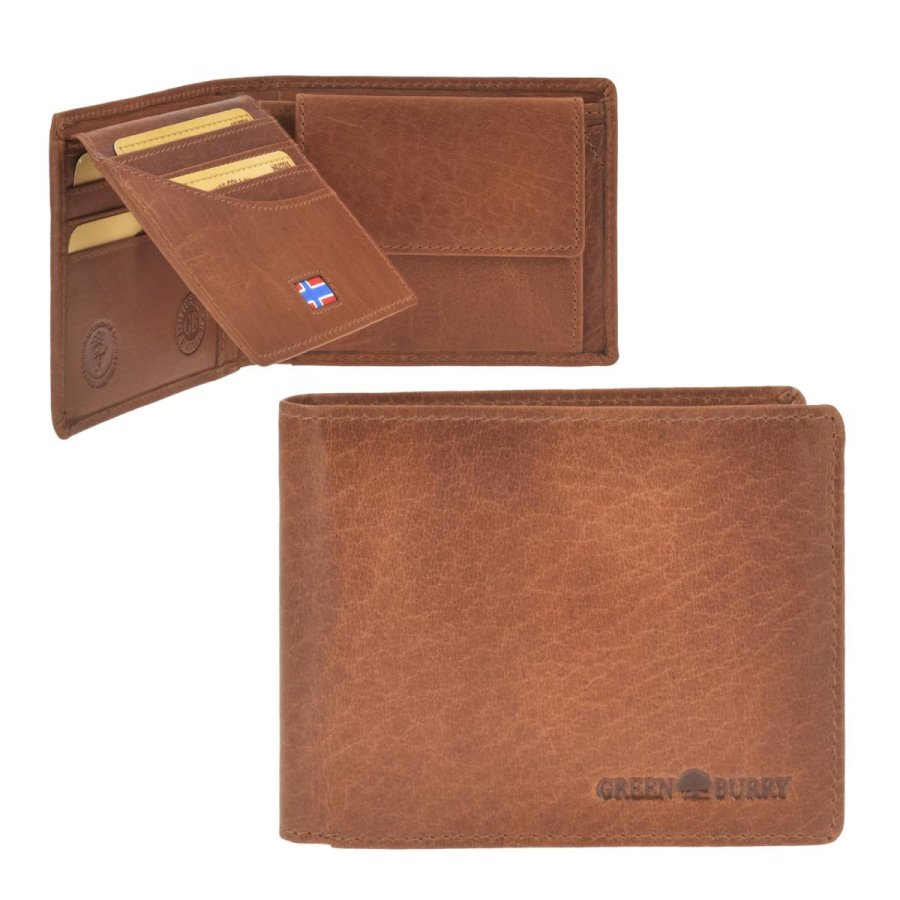 Geldbörse Leder 12x9cm mit RFID Schutz 'House of Norway' naturbraun Herren Portemonnaie Querformat GREENBURRY
