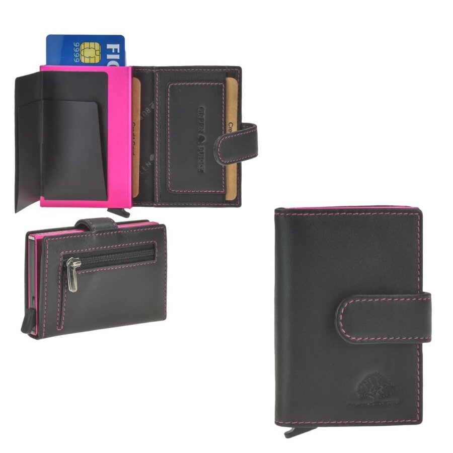 Kartenetui mit RFID-Schutz aus Leder schwarz-pink | Greenburry Royal Nappa | Praktisches Mini-Portemonnaie mit Alucase für den sicheren Alltag.