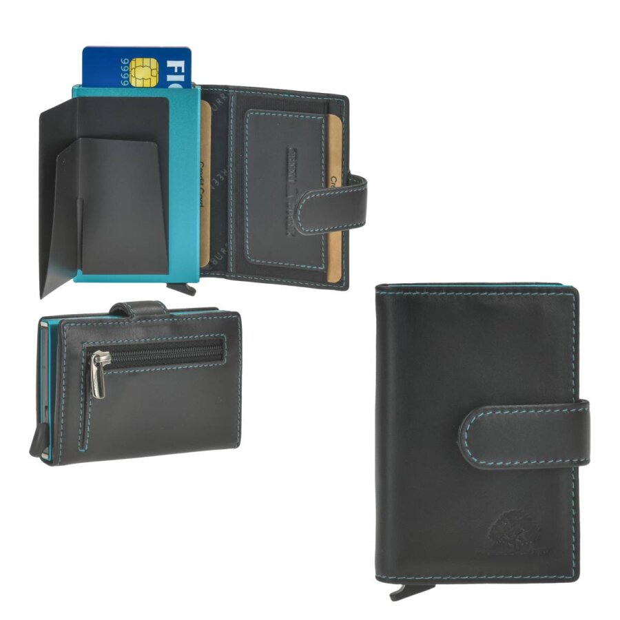 Kartenetui mit RFID-Schutz aus Leder schwarz-türkis | Greenburry Royal Nappa | Intelligentes Alucase-Portemonnaie mit farblichem Akzent für Damen und