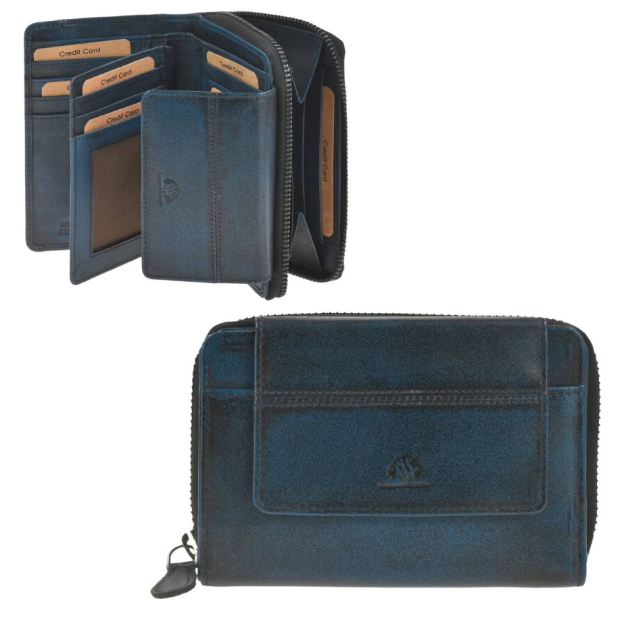 Greenburry Geldbörse Damen kompakt 15 Kartenfächer Destressed – Leder navy blue. Dieses handgefertigte Portemonnaie schützt Ihre Daten stilvoll.