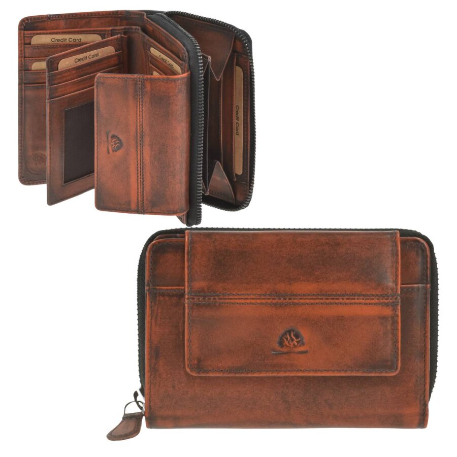 Greenburry Geldbörse Damen kompakt 15 Kartenfächer Destressed – Leder rusty orange. Dieses handgefertigte Portemonnaie schützt Ihre Daten stilvoll.