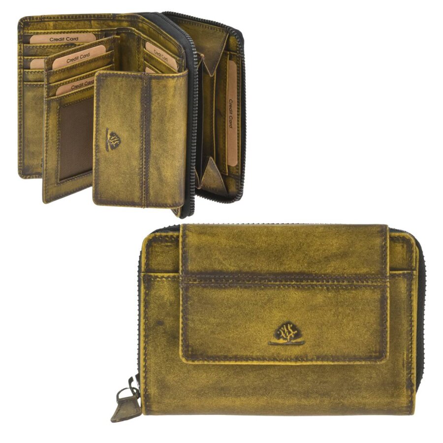 Greenburry Geldbörse Damen kompakt 15 Kartenfächer Destressed – Leder dirty yellow. Dieses handgefertigte Portemonnaie schützt Ihre Daten stilvoll.