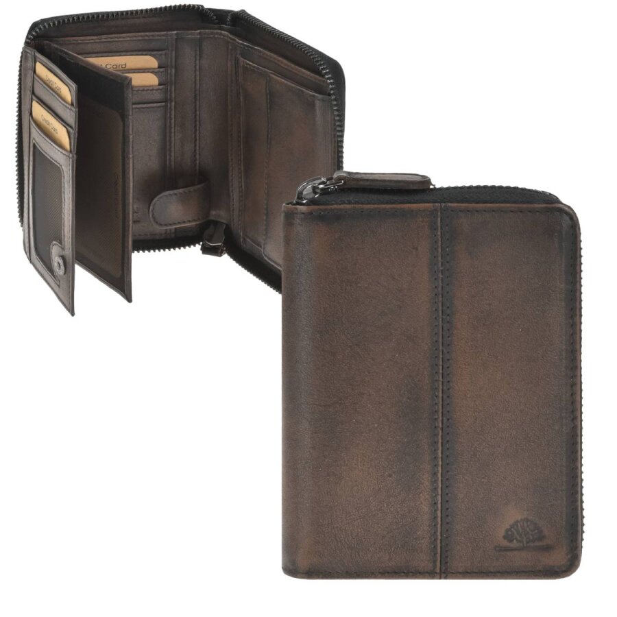 Geldbörse Leder 10x13cm mit Reißverschluss 'Destressed' teak brown
