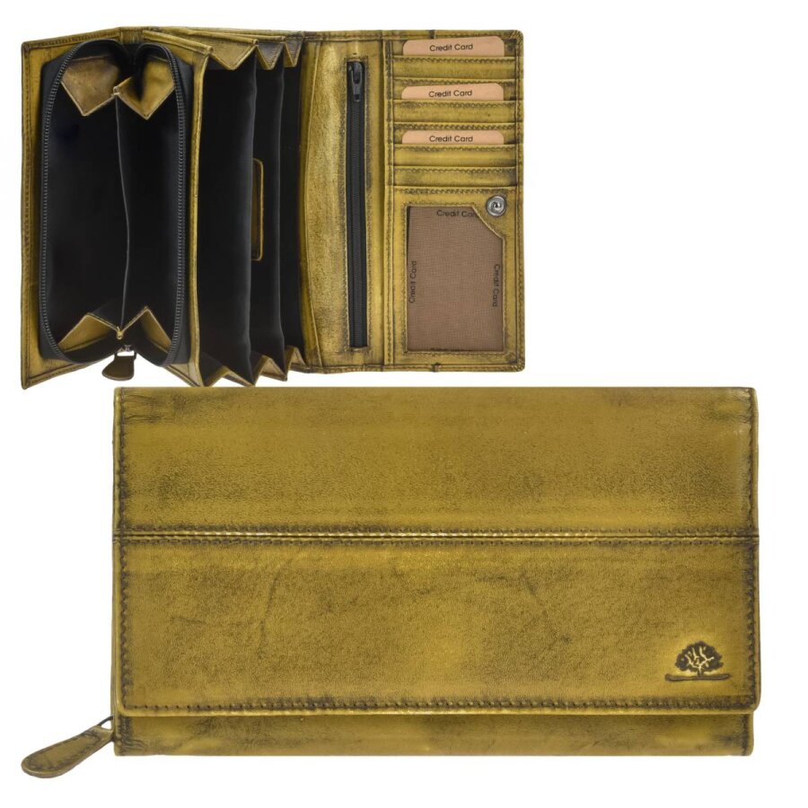 Greenburry Geldbörse Damen viele Fächer Destressed – Leder dirty yellow. Diese handgefertigte Langbörse bietet maximale Sicherheit im modischen Alltag