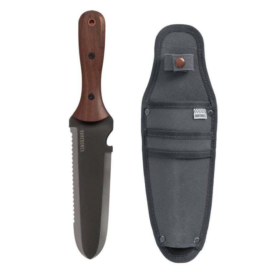 Gartenmesser vielseitig 2-in-1 Klinge Metall Walnuss 30cm | Barebones Hori Hori Classic Outdoor Messer inkl. Schutzhülle & Gürtelclip für Gartenprofis