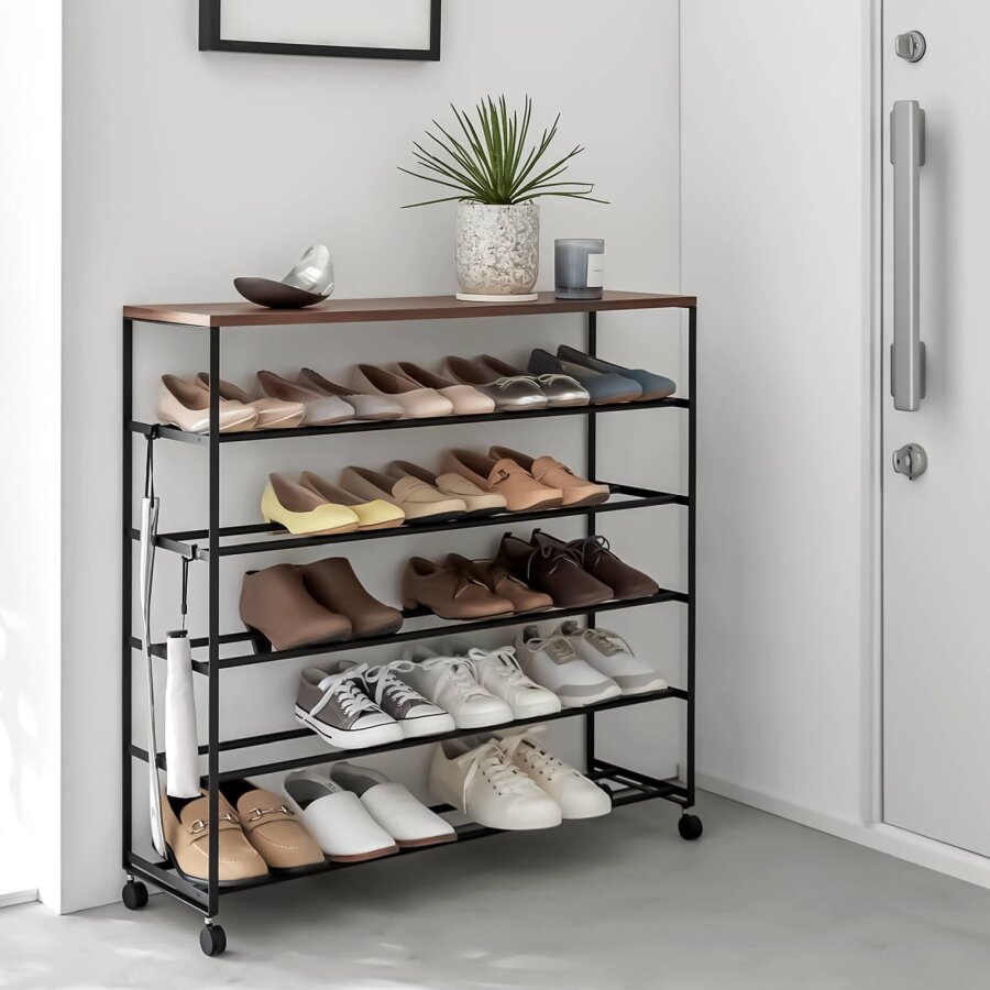 Yamazaki Schuhregal mobil auf Rollen Tower – Metall Holz schwarz. Setzen Sie moderne Akzente und genießen Sie Ordnung für ca. 20 Paar Schuhe.