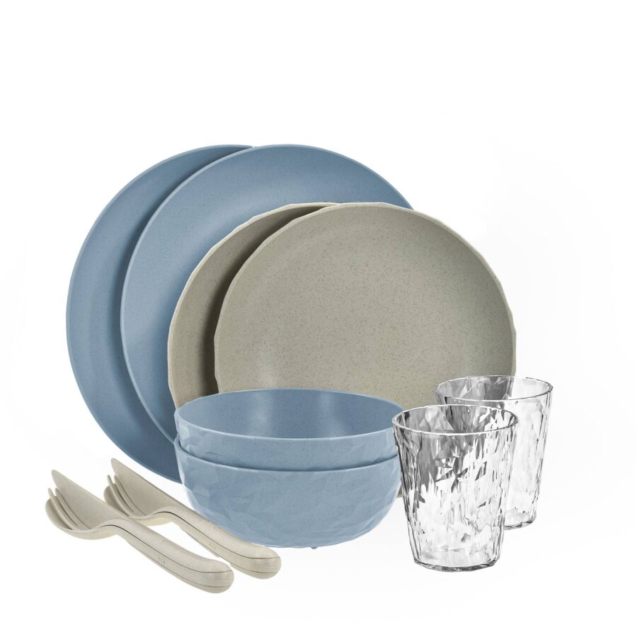 Geschirrset Camping 10-tlg. nachhaltig Kunststoff flower blue ø26/22/16cm | Koziol Skagen Set für 2 Personen. Robustes & stapelbares Vanlife-Zubehör.