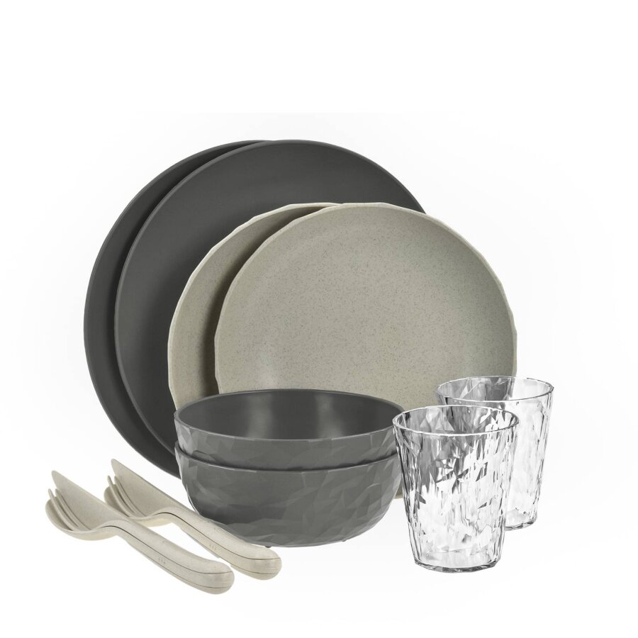 Geschirrset Camping 10-tlg. nachhaltig Kunststoff ash grey ø26/22/16cm | Koziol Skagen Set für 2 Personen. Robustes & stapelbares Vanlife-Zubehör.