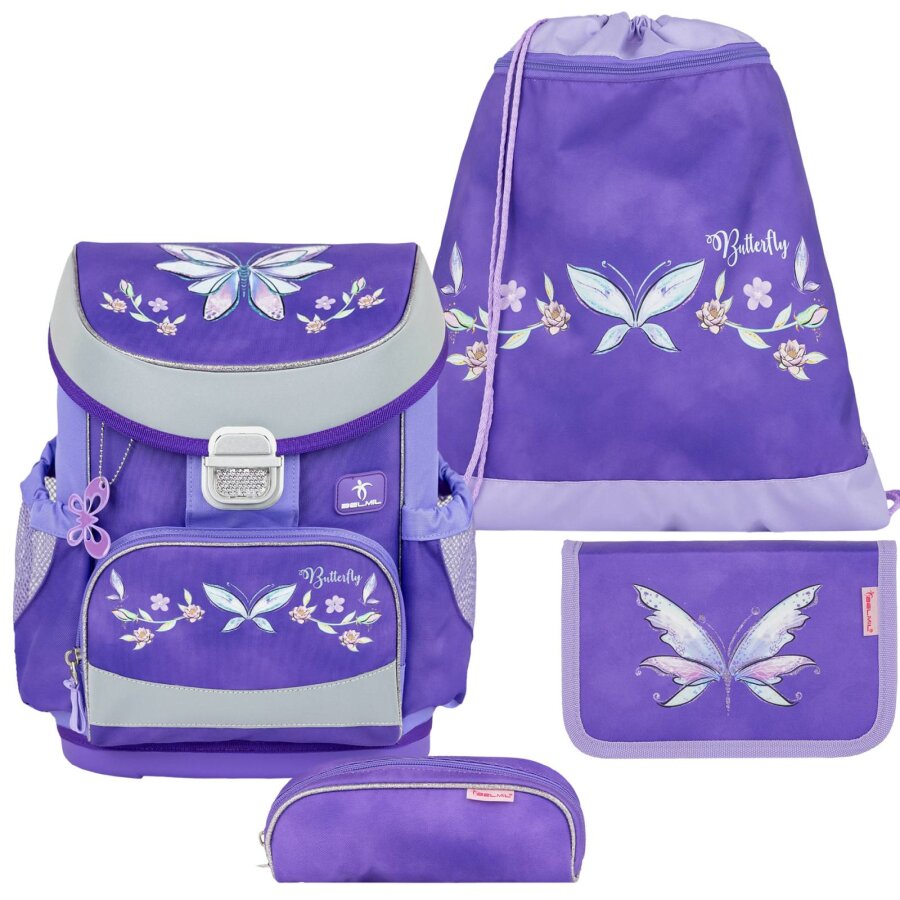 Belmil Schulranzen Set MINI FIT 4tlg. für kleinere Kinder Starlight Wings (Motiv: Schmetterling)