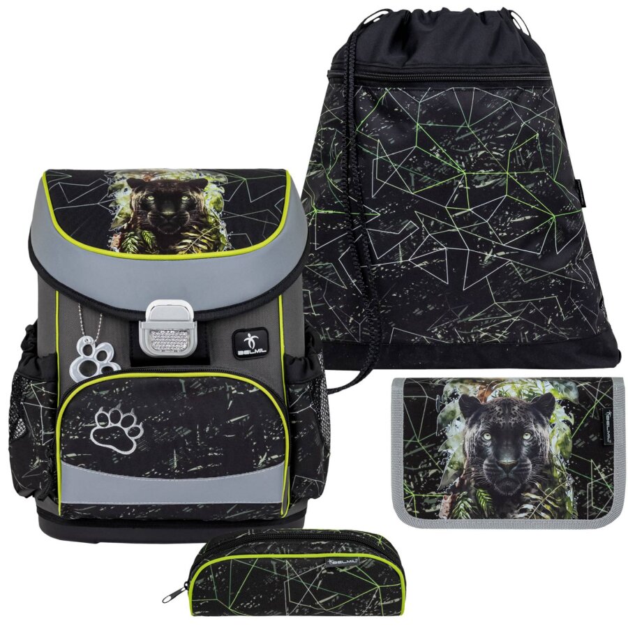 Belmil Schulranzen Set MINI FIT 4tlg. für kleinere Kinder Black Panther (Motiv: Raubkatze)