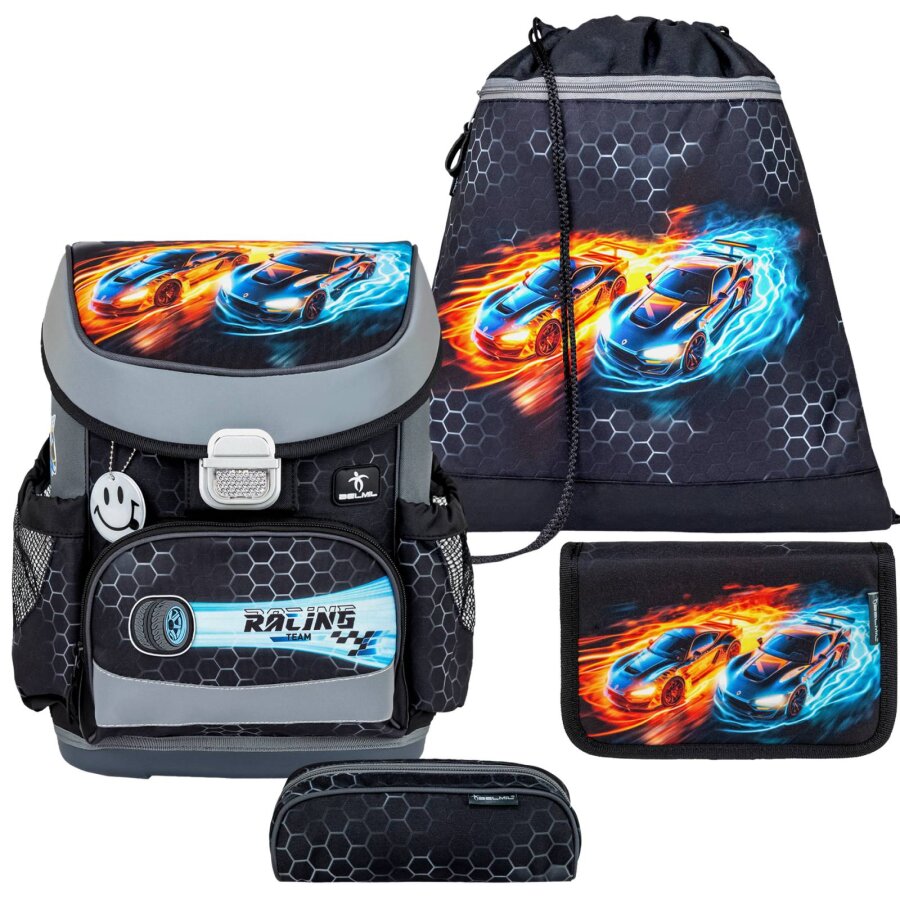 Belmil Schulranzen Set MINI FIT 4tlg. für kleinere Kinder Race it (Motiv: Rennwagen)