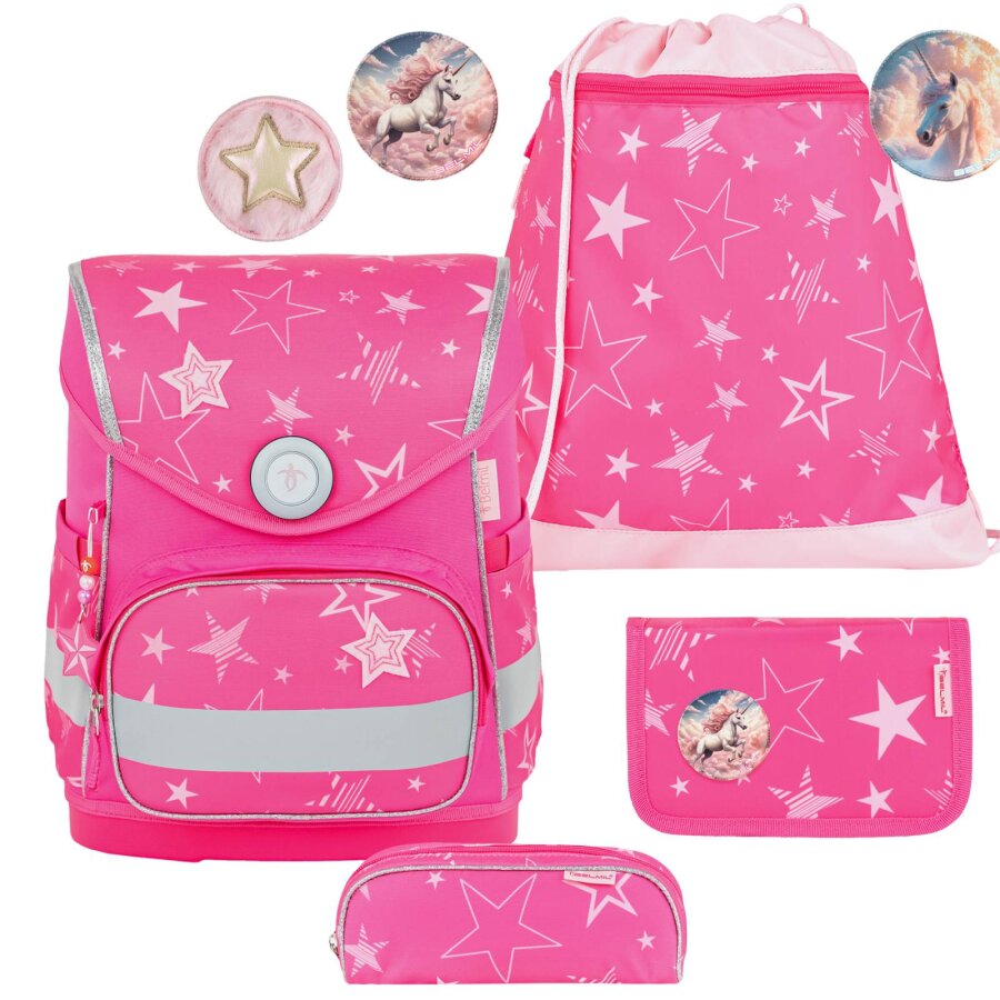 Belmil Schulranzen Set COMPACT mit PATCH 4tlg Starry Magic (Motiv: Einhorn, Sterne)