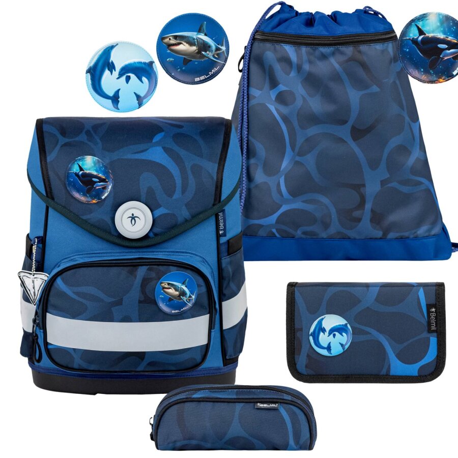 Belmil Schulranzen Set COMPACT mit PATCH 4tlg Wave Storm (Motiv: Wassertiere)
