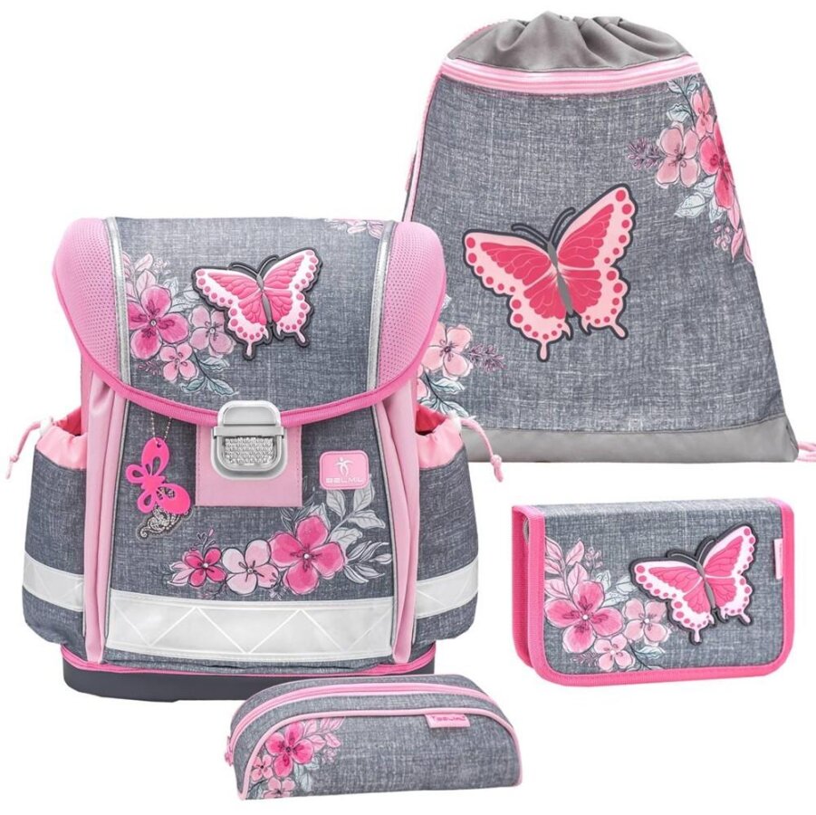 Belmil Schulranzen Set Mädchen Elegant (Motiv: Schmetterlinge) 'Classy', ab 1.Klasse Grundschule